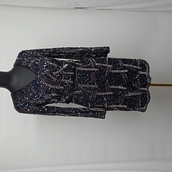 Pisarro Nights Sequined Mini Navy Silver Long-Sleeve Sparkles Nordstrom Size 4